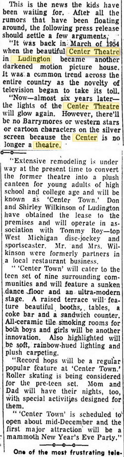 Center Theatre - 1959 ARTICLE ABOUT CLOSURE AND RE-OPENING AS TEEN CLUB
